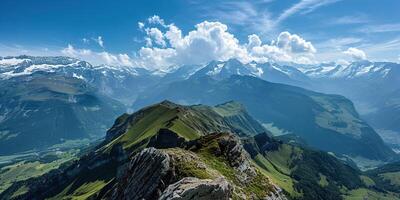 AI generated Swiss Alps mountain range with lush forest valleys and meadows, countryside in Switzerland landscape. Serene idyllic panorama, majestic nature, relaxation, calmness concept photo