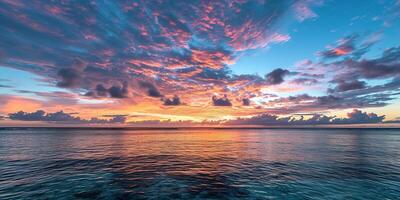 ai generado calma mar puesta de sol paisaje. púrpura, rosa, naranja ardiente dorado hora noche cielo en el horizonte. consciencia, meditación, calma, serenidad, relajación concepto fondo de pantalla antecedentes foto