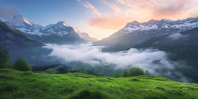 AI generated Swiss Alps mountain range with lush forest valleys and meadows, countryside in Switzerland landscape. Serene idyllic panorama, majestic nature, relaxation, calmness concept photo