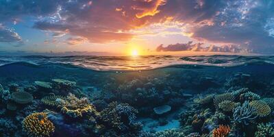 AI generated Great Barrier Reef on the coast of Queensland, Australia seascape. Coral marine ecosystem underwater split view, golden hour sunset evening sky wallpaper background photo