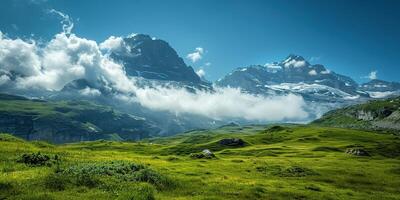 AI generated Swiss Alps mountain range with lush forest valleys and meadows, countryside in Switzerland landscape. Snowy mountain tops in the horizon, travel destination wallpaper background photo