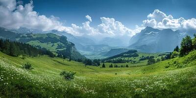 AI generated Swiss Alps mountain range with lush forest valleys and meadows, countryside in Switzerland landscape. Serene idyllic panorama, majestic nature, relaxation, calmness concept photo