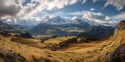 AI generated Swiss Alps mountain range with lush forest valleys and meadows, countryside in Switzerland landscape. Snowy mountain tops in the horizon, travel destination wallpaper background photo