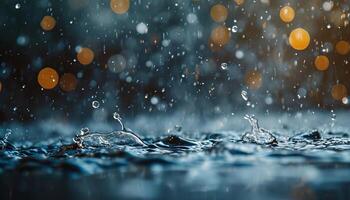 AI generated Closeup of rain drops splashing in in a puddle. Rainy season Autumn in a city macro shot, melancholic, sad mood photo