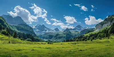 AI generated Swiss Alps mountain range with lush forest valleys and meadows, countryside in Switzerland landscape. Serene idyllic panorama, majestic nature, relaxation, calmness concept photo