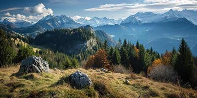 ai generado suizo Alpes montaña rango con lozano bosque valles y prados, campo en Suiza paisaje. Nevado montaña tapas en el horizonte, viaje destino fondo de pantalla antecedentes foto