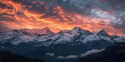 AI generated Swiss Alps snowy mountain range with valleys and meadows, countryside in Switzerland landscape. Golden hour majestic fiery sunset sky, travel destination wallpaper background photo