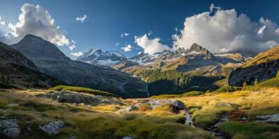 AI generated Swiss Alps mountain range with lush forest valleys and meadows, countryside in Switzerland landscape. Snowy mountain tops in the horizon, travel destination wallpaper background photo