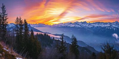 AI generated Swiss Alps snowy mountain range with valleys and meadows, Switzerland landscape. Golden hour sunset, serene idyllic panorama, majestic nature, relaxation, calmness concept photo