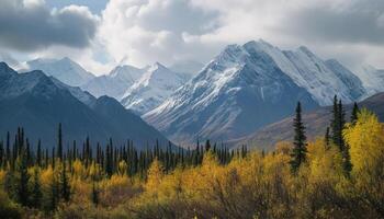 ai generado Nevado montañas de Alaska, paisaje con bosques, valles, y ríos en tiempo de día. asombroso naturaleza composición antecedentes fondo de pantalla, viaje destino, aventuras al aire libre foto