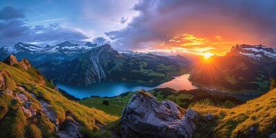 ai generado suizo Alpes Nevado montaña rango con valles y prados, Suiza paisaje. dorado hora atardecer, sereno idílico panorama, majestuoso naturaleza, relajación, calma concepto foto