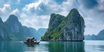 ai generado decir ah largo bahía, halong bahía mundo patrimonio sitio, caliza islas, Esmeralda aguas con barcos en provincia, Vietnam. viaje destino, natural preguntarse paisaje antecedentes fondo de pantalla foto