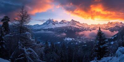 ai generado suizo Alpes Nevado montaña rango con valles y prados, campo en Suiza paisaje. dorado hora majestuoso ardiente puesta de sol cielo, viaje destino fondo de pantalla antecedentes foto