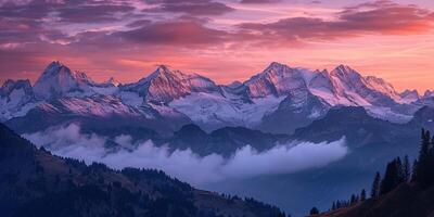 ai generado suizo Alpes Nevado montaña rango con valles y prados, Suiza paisaje. dorado hora atardecer, sereno idílico panorama, majestuoso naturaleza, relajación, calma concepto foto