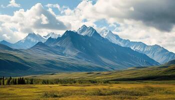 ai generado Nevado montañas de Alaska, paisaje con bosques, valles, y ríos en tiempo de día. asombroso naturaleza composición antecedentes fondo de pantalla, viaje destino, aventuras al aire libre foto