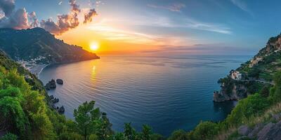 AI generated Amalfi coast coastline in Sorrentine Peninsula, Campania region, Italy. Holiday destination shoreline with hills, beaches, and cliffs, sea view, sunset golden hour wallpaper photo