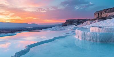 AI generated Mineral rich baby blue thermal waters in white travertine terraces on a hillside in Pamukkale, Turkey. Sunset outdoors spa in nature, travel destination, relaxation and calmness landscape photo