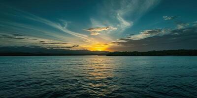 ai generado calma mar puesta de sol paisaje. púrpura, rosa, naranja ardiente dorado hora noche cielo en el horizonte. consciencia, meditación, calma, serenidad, relajación concepto fondo de pantalla antecedentes foto