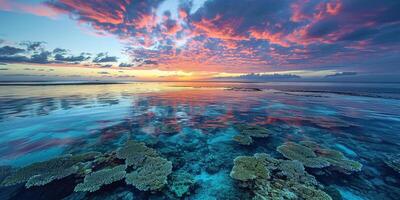 AI generated Great Barrier Reef on the coast of Queensland, Australia seascape. Coral sea marine ecosystem wallpaper background at sunset, with an orange purple sky in the evening golden hour photo