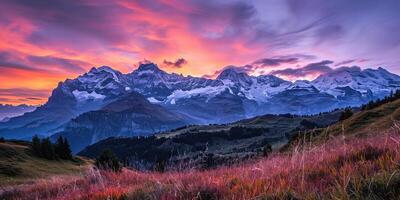 AI generated Swiss Alps snowy mountain range with valleys and meadows, countryside in Switzerland landscape. Golden hour majestic fiery sunset sky, travel destination wallpaper background photo