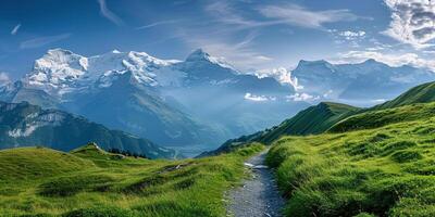 AI generated Swiss Alps mountain range with lush forest valleys and meadows, countryside in Switzerland landscape. Snowy mountain tops in the horizon, travel destination wallpaper background photo