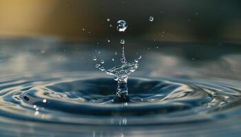 AI generated Closeup of a water drop splash in in a pond. Macro shot, blue and gray tones, surface tension, beautiful nature photo