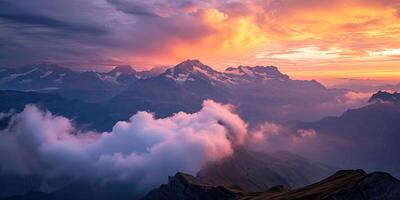 AI generated Swiss Alps snowy mountain range with valleys and meadows, countryside in Switzerland landscape. Golden hour majestic fiery sunset sky, travel destination wallpaper background photo