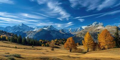 ai generado suizo Alpes montaña rango con lozano bosque valles y prados, campo en Suiza paisaje. Nevado montaña tapas en el horizonte, viaje destino fondo de pantalla antecedentes foto