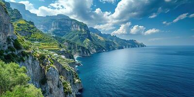 ai generado amalfi costa línea costera en sorento península, campania región, Italia. fiesta destino orilla con sierras, playas, y acantilados, mar vista, azul cielo día fondo de pantalla antecedentes foto