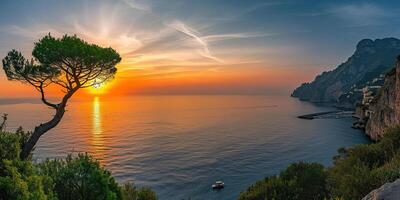 ai generado amalfi costa línea costera en sorento península, campania región, Italia. fiesta destino orilla con sierras, playas, y acantilados, mar vista, puesta de sol dorado hora fondo de pantalla foto