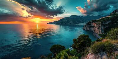 AI generated Amalfi coast coastline in Sorrentine Peninsula, Campania region, Italy. Holiday destination shoreline with hills, beaches, and cliffs, sea view, sunset golden hour wallpaper photo