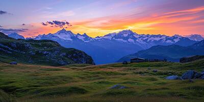 AI generated Swiss Alps snowy mountain range with valleys and meadows, countryside in Switzerland landscape. Golden hour majestic fiery sunset sky, travel destination wallpaper background photo