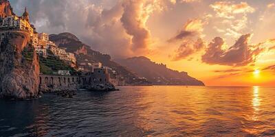 ai generado amalfi costa línea costera en sorento península, campania región, Italia. fiesta destino orilla con sierras, playas, y acantilados, mar vista, puesta de sol dorado hora fondo de pantalla foto