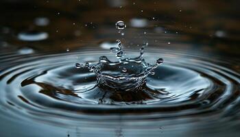 AI generated Closeup of a water drop splash in in a pond. Macro shot, blue and gray tones, surface tension, beautiful nature photo