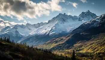 ai generado Nevado montañas de Alaska, paisaje con bosques, valles, y ríos en tiempo de día. asombroso naturaleza composición antecedentes fondo de pantalla, viaje destino, aventuras al aire libre foto