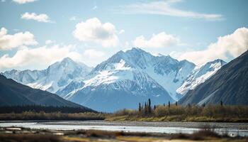 ai generado Nevado montañas de Alaska, paisaje con bosques, valles, y ríos en tiempo de día. asombroso naturaleza composición antecedentes fondo de pantalla, viaje destino, aventuras al aire libre foto