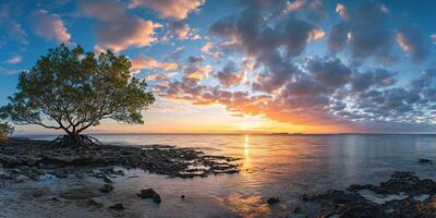 AI generated A silhouette of a tree on an island beach sunset landscape. Golden hour evening sky in the horizon. Mindfulness, meditation, calmness, serenity, relaxation concept background photo