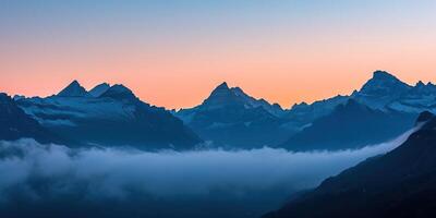 AI generated Swiss Alps snowy mountain range with valleys and meadows, countryside in Switzerland landscape. Golden hour majestic fiery sunset sky, travel destination wallpaper background photo