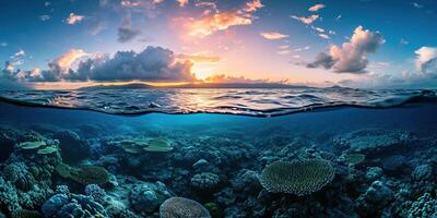 AI generated Great Barrier Reef on the coast of Queensland, Australia seascape. Coral marine ecosystem underwater split view, golden hour sunset evening sky wallpaper background photo