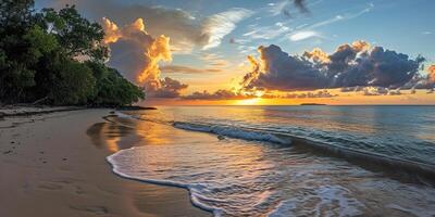 ai generado un puesta de sol en el playa isla paisaje. púrpura, rosa, y naranja ardiente dorado hora noche cielo en el horizonte. océano, calma aguas fondo de pantalla antecedentes foto