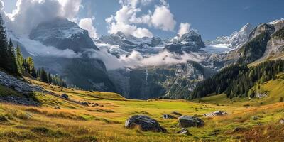 AI generated Swiss Alps mountain range with lush forest valleys and meadows, countryside in Switzerland landscape. Snowy mountain tops in the horizon, travel destination wallpaper background photo