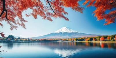 AI generated Mt. Fuji, mount Fuji-san tallest volcano mountain in Tokyo, Japan. Snow capped peak, conical sacred symbol, autumn fall, red trees, nature landscape backdrop background wallpaper, travel photo