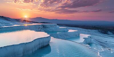 AI generated Mineral rich baby blue thermal waters in white travertine terraces on a hillside in Pamukkale, Turkey. Sunset outdoors spa in nature, travel destination, relaxation and calmness landscape photo