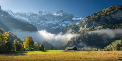 AI generated Swiss Alps mountain range with lush forest valleys and meadows, countryside in Switzerland landscape. Serene idyllic panorama, majestic nature, relaxation, calmness concept photo