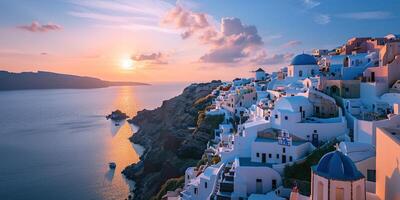 ai generado santorini thira isla en del Sur Egeo mar, Grecia puesta de sol. fira y oia pueblo con blanco casas con vista a acantilados, playas, y pequeño islas panorama antecedentes fondo de pantalla foto