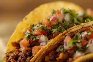 AI generated a close up of taco with selective focus on the textures and colors of the ingredients photo