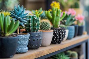 ai generado un cuidadosamente curado arreglo de en conserva cactus en un moderno y minimalista interior espacio foto