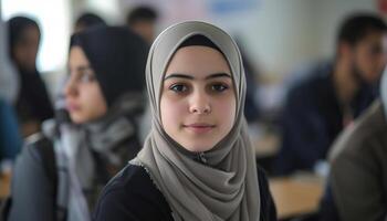 a young muslim woman in a hijab in a classroom photo