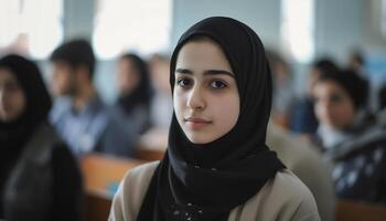 un joven musulmán mujer en un hijab en un salón de clases foto