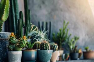 AI generated a carefully curated arrangement of potted cacti in a modern and minimalist indoor space photo